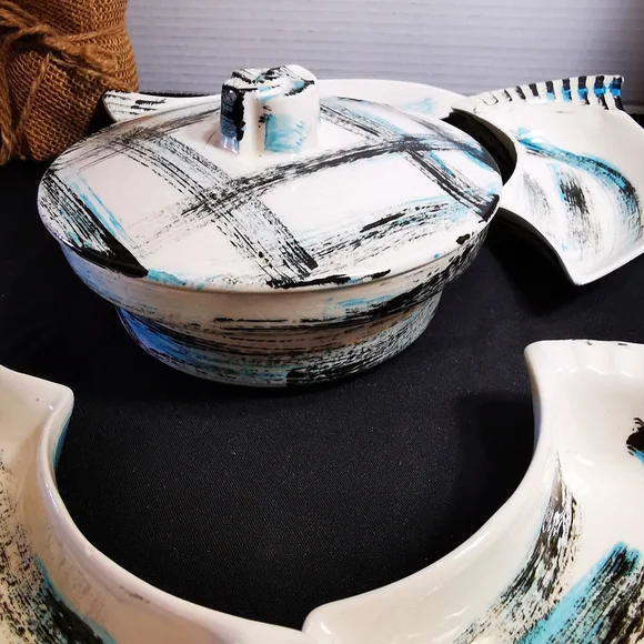 California Pottery Vintage Serving Set Blue and Black Brushstroke Plaid 6 Pieces - Picture 7 of 16